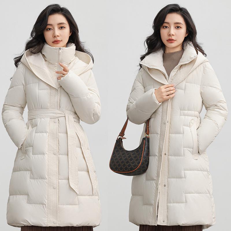 European Women's Over-the-Knee Down Cotton Jacket - Long, Waist-Cinched, Thickened Winter Outerwear.