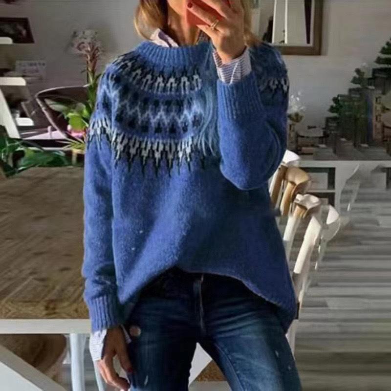Women's Winter Design Plus Size Pattern Knitted Sweater Long Sleeve Casual Pullover Tops