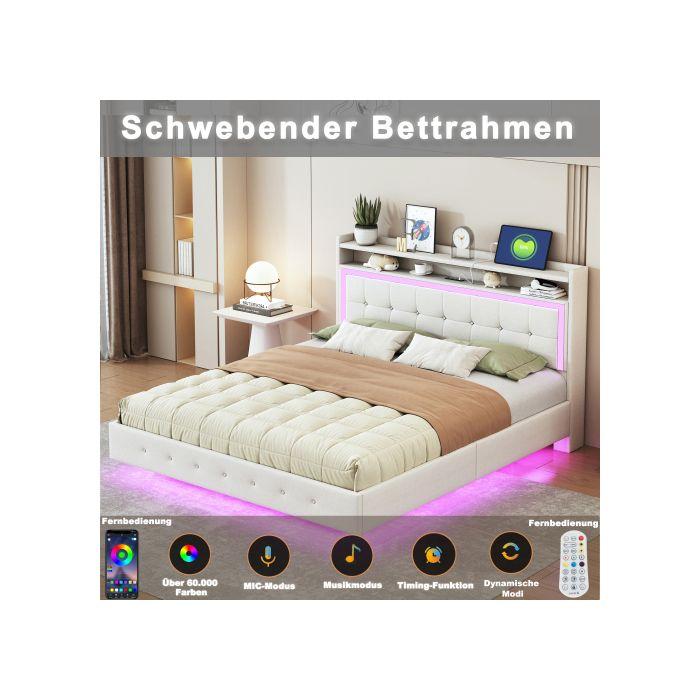 Lit Rembourré - MUVOE - 160x200 Cm - Prise USB - Lumière LED - Tissu Lin Beige