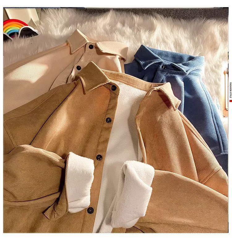 Men's Long-Sleeve Corduroy Shirt: Trendy, Loose-Fit, Plus Velvet, Warm, Versatile Autumn/Winter Top Jacket