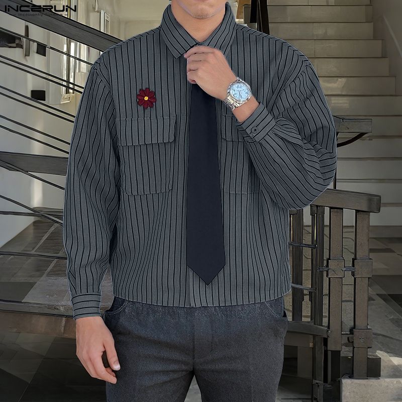 INCERUN Oversized College Style Men Turn-down Collar Tie Long Sleeve Striped Casual Shirts