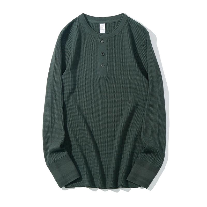 Męska koszulka z długim rękawem Henley Waflowy splot Ciężka Slim Fit Codzienna Vintage Wiosenna Warstwa bazowa Góra