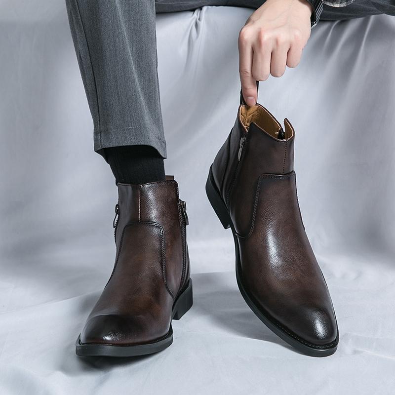 Chelsea Boots Spitz Hoher Schaft Leder Schuhe Friseur Martin Stiefel Reißverschluss Innen Erhöhend Freizeitstiefel
