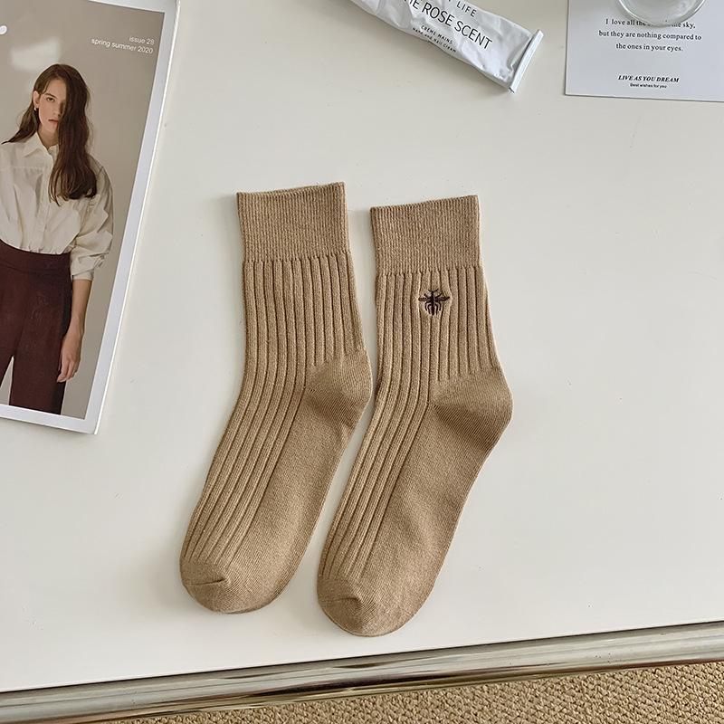Embroidered Bee Socks Mid-Tube Socks Catwalk The Same Trendy Solid Color Cotton Socks Vertical Striped Double Needle Socks