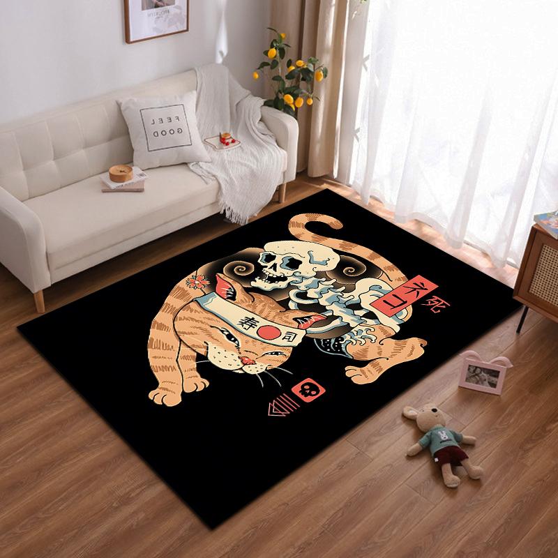 Black Carpet with Cat, Skeleton, Japanese Symbols, Unique Design  Suitable for use as an anti-slip for living room bedroom sofas 40x60cm( 15x23in )