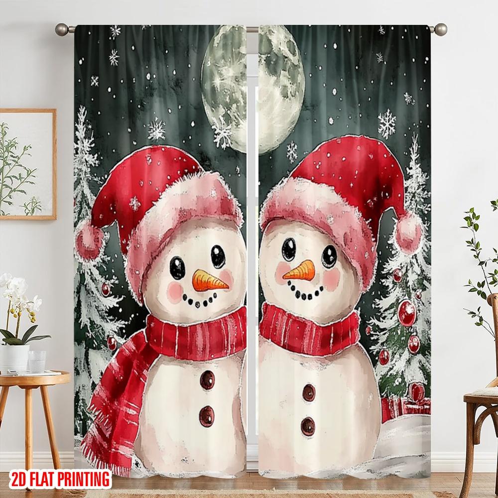 2pcs,2D Plane Printing Print Curtains Cute Snowman Couple Christmas (4) Durable Polyester (without Rod) Versatile All Ldeal for
