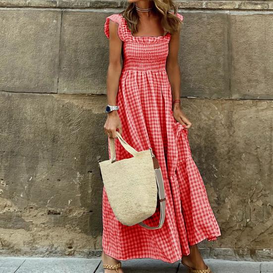 Square Collar Sleeveless Ruffle Trim Summer Dress Plaid Print Stitching Large Hem