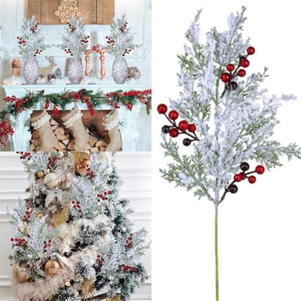 Artificial Christmas Flowers With Red Berry Stems, Fake Norfolk Garland Branches For Winter Decor, Faux Christmas Garland Tree Picks And DIY Crafts