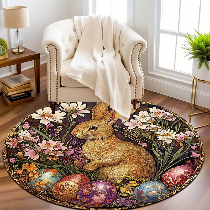 Vintage Rabbit Round Rug Non-Slip Machine Washable Floor Mat 2D Flat Soft Area Rug for Bedroom Easter Decor Gift