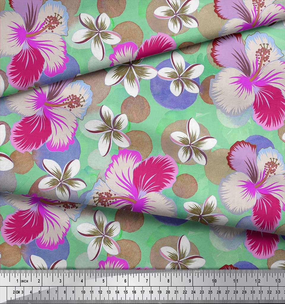 Soimoi Japan Crepe Satin Fabric Leaves & Plumeria Flower Decor Fabric Printed Metre 42 Inch