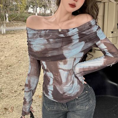 Women's Sexy See Through One Shoulder Tie Dye Printed Long Sleeve Shirt