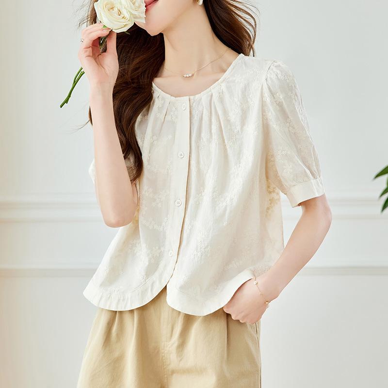Sweet Simple Round Neck Short-sleeved Shirt for Women In Summer New Style Commuting Loose Top