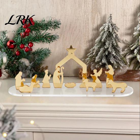 Decorative Table Accents Christmas Acrylic Ornament, Mirrored Golden Silhouette Scene, Gold Mirror Holiday Sign Desktop Display for Living Room
