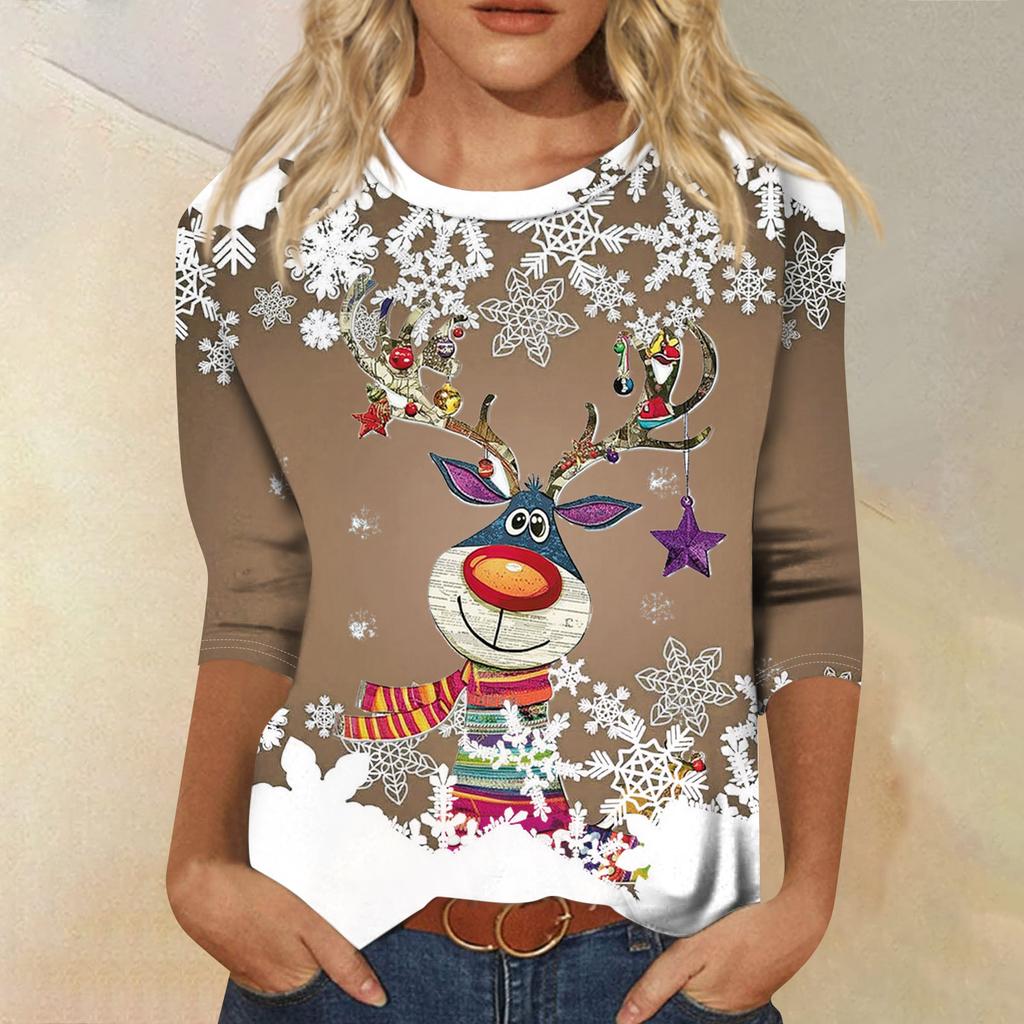 Damenmode Lässiges Rundhals-T-Shirt mit 3/4-Ärmeln und lockerem Aufdruck