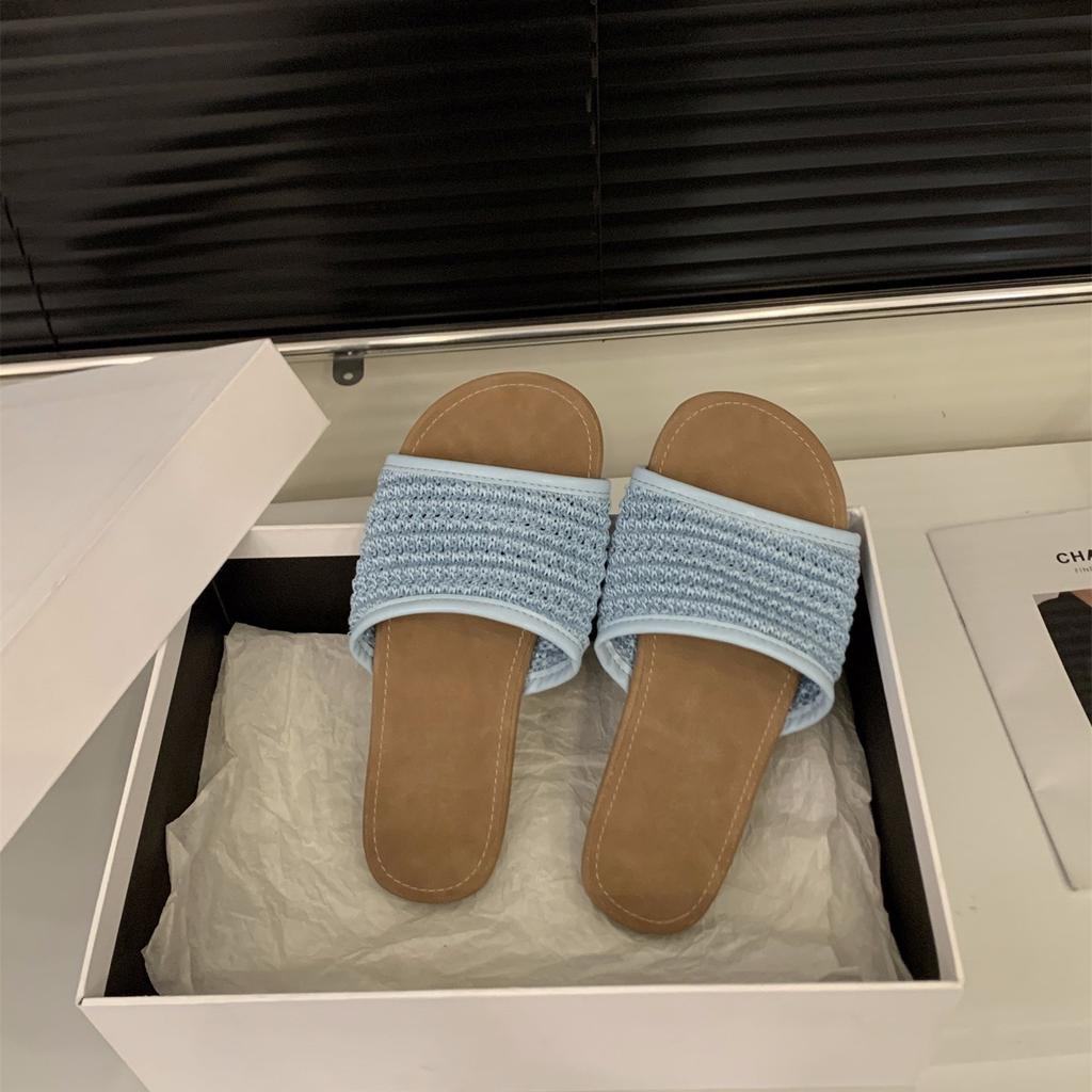 Retro woven style holiday sandals one-word slippers women's shoes wear flat beach sandals