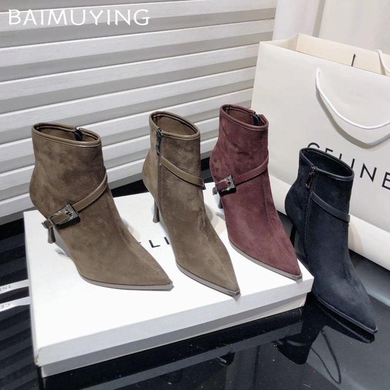 High Heels Women Ankle Boots Sexy Suede Pointed Toe Crystal Buckle Shoes 2025 Trend Designer Pumps Goth Winter Botas De Mujer