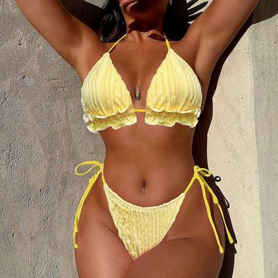 Maillot de bain Bikini Jaune à Volants et Dos à Nouer