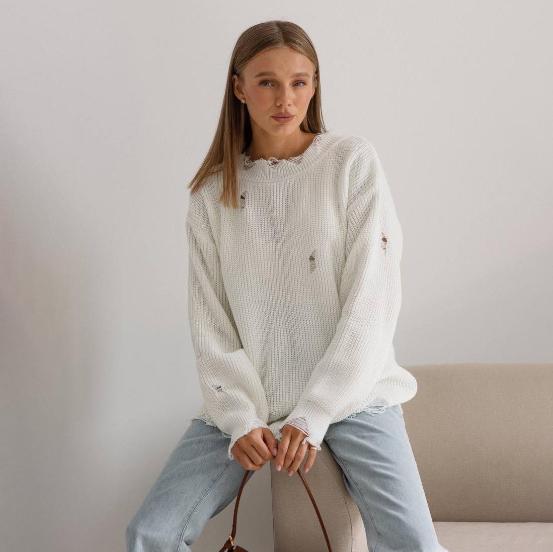 

Осень-зима Винтажный свободный топ с длинными рукавами, цветной пуловер, трикотажный свитер с круглым вырезом XL белый