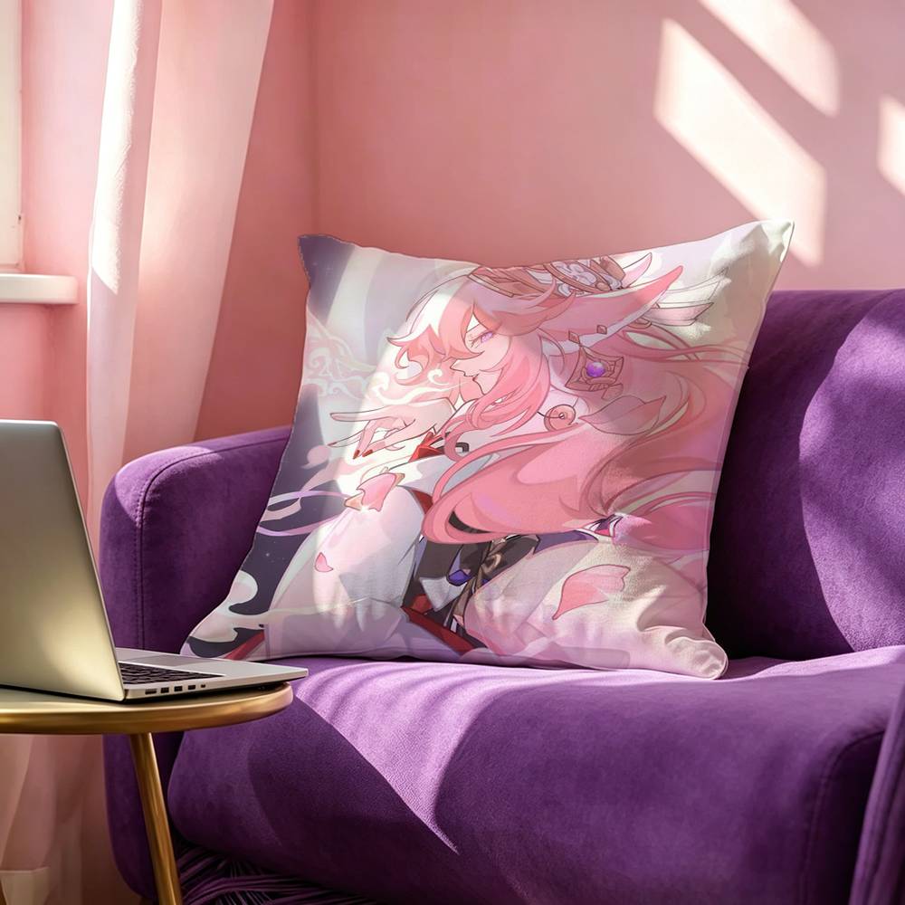 Yae Miko Cute Genshin Impact Pillow Case Square DoubleSided Sofa Cushion Cover Bedroom Bedside Pillow