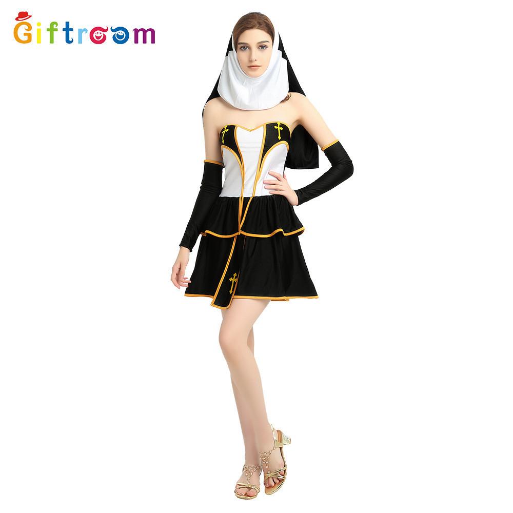 Womens Gorgeous Golden Nun Cosplay Costume Short Skirt Made Of Polyester For Themed Parties