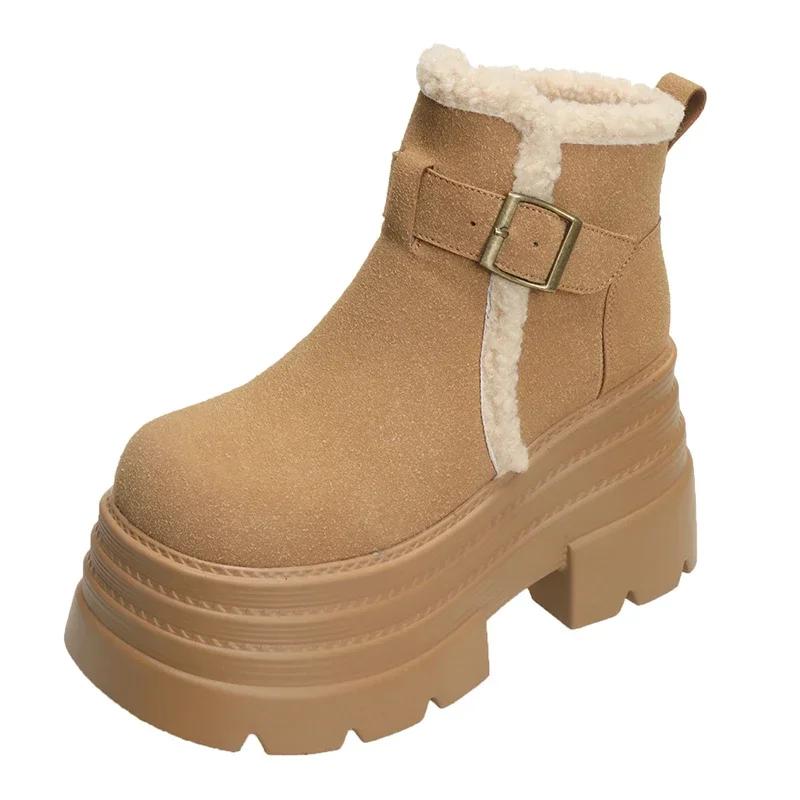 Fashion 10CM New Winter Women's Warm Snow Boots Outdoor Plush Ankle Shoes Anti-skid Chunky Leather Sneakers Buckle Short Fur Boots Woman