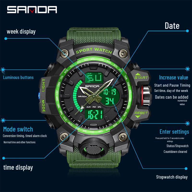 Sanda Men's Multifunctional Waterproof Luminous Sports Watch