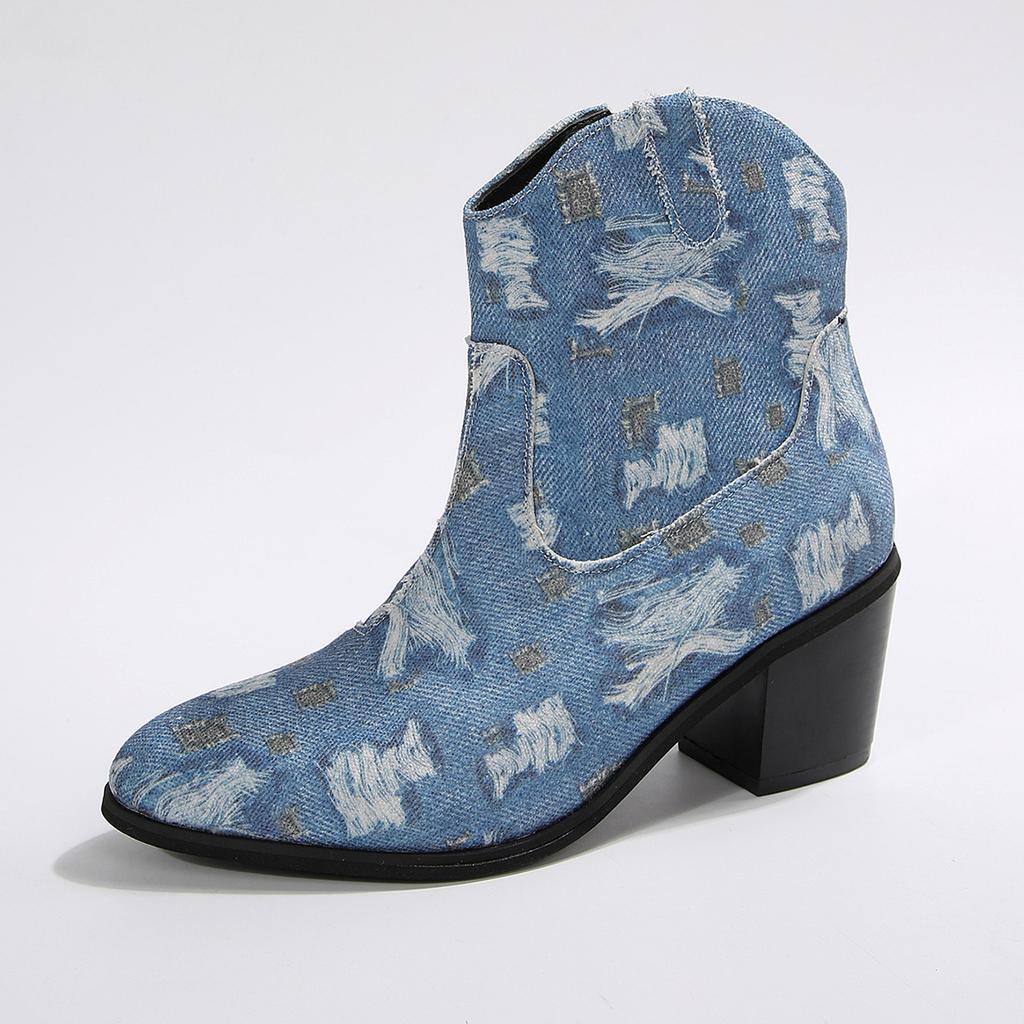 Fashion New Fashionable and Trendy Denim High-heeled Short-top Thin Retro Style Pointed Cowboy Boots