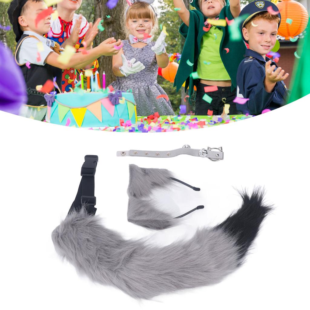 Cat Ears and Wolf Animal Tail Cosplay Costume Faux   Hair Clip Headdress Halloween Leather Neck Chocker Set Animal Cosplay Party Costume