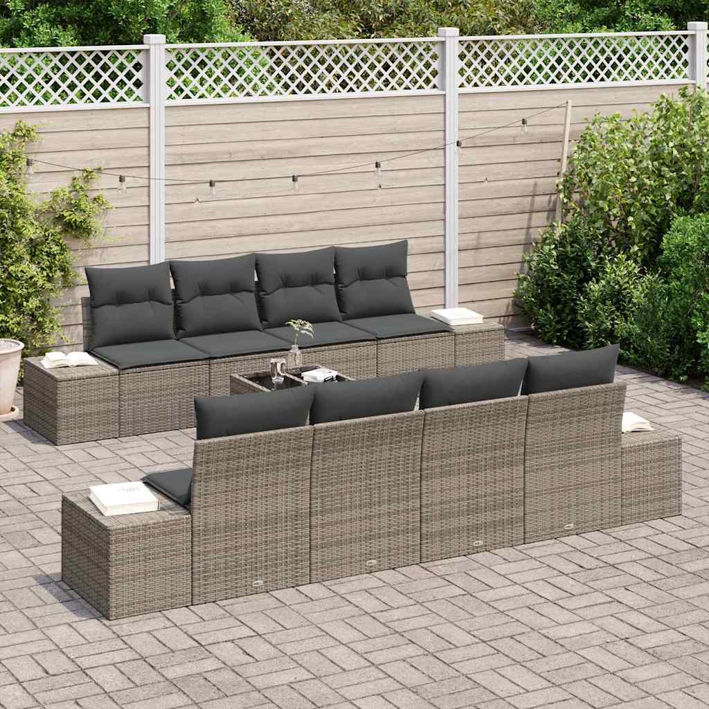 7 Piece Sofa Set with Cushions Grey Poly Rattan