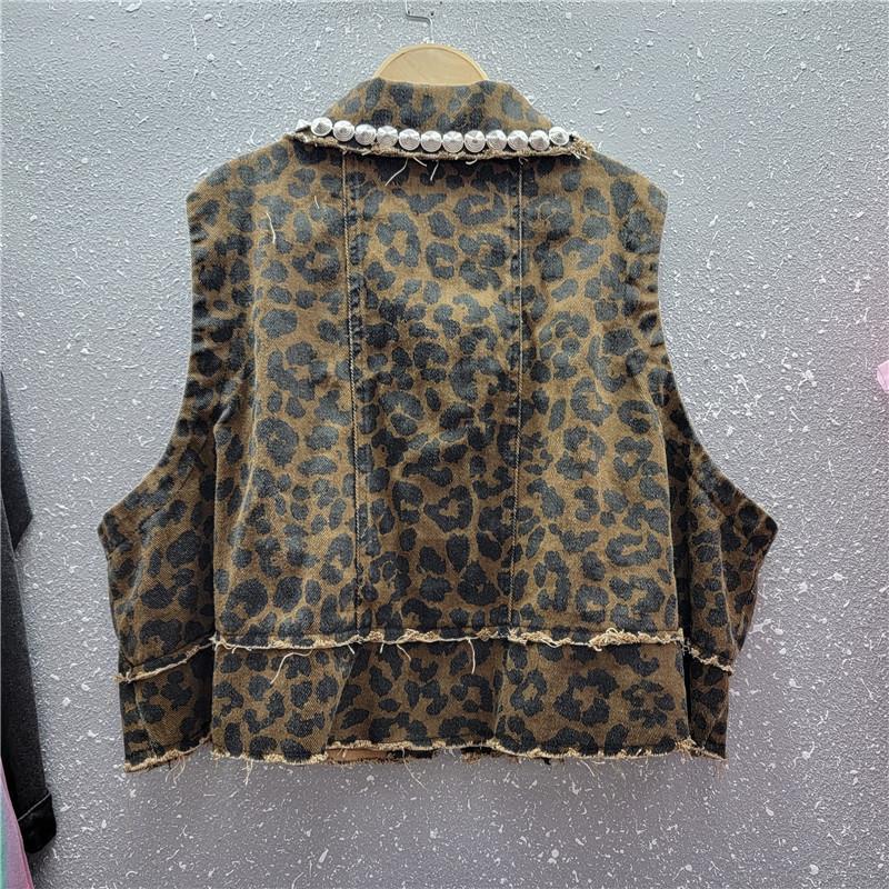 European and American leopard print denim vest women's summer sleeveless vest versatile outer wear vest foreign style short jacket cross-border trendy
