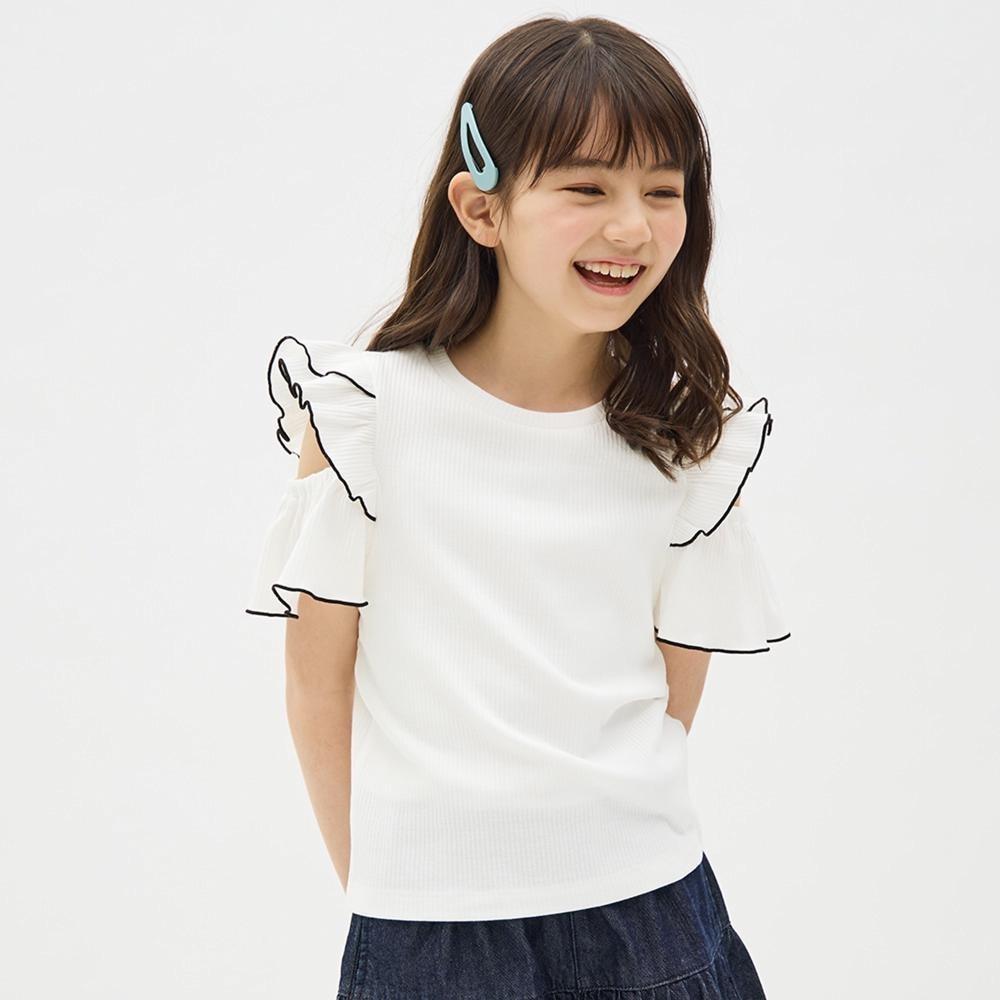 

Футболка GU by Uniqlo GIRLS с открытыми плечами и оборками в рубчик, с короткими рукавами