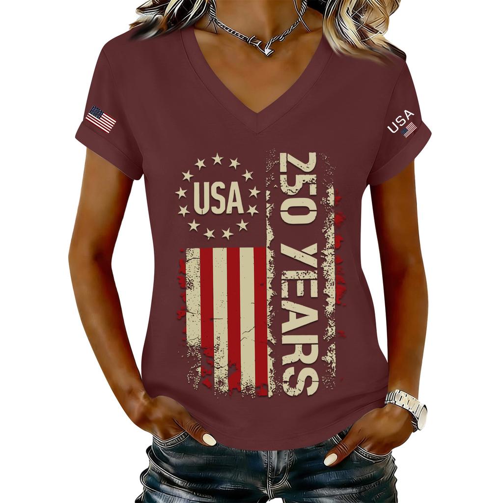 Women's Fashionable V-Neck Casual Retro Print Short Sleeved T-shirt Top