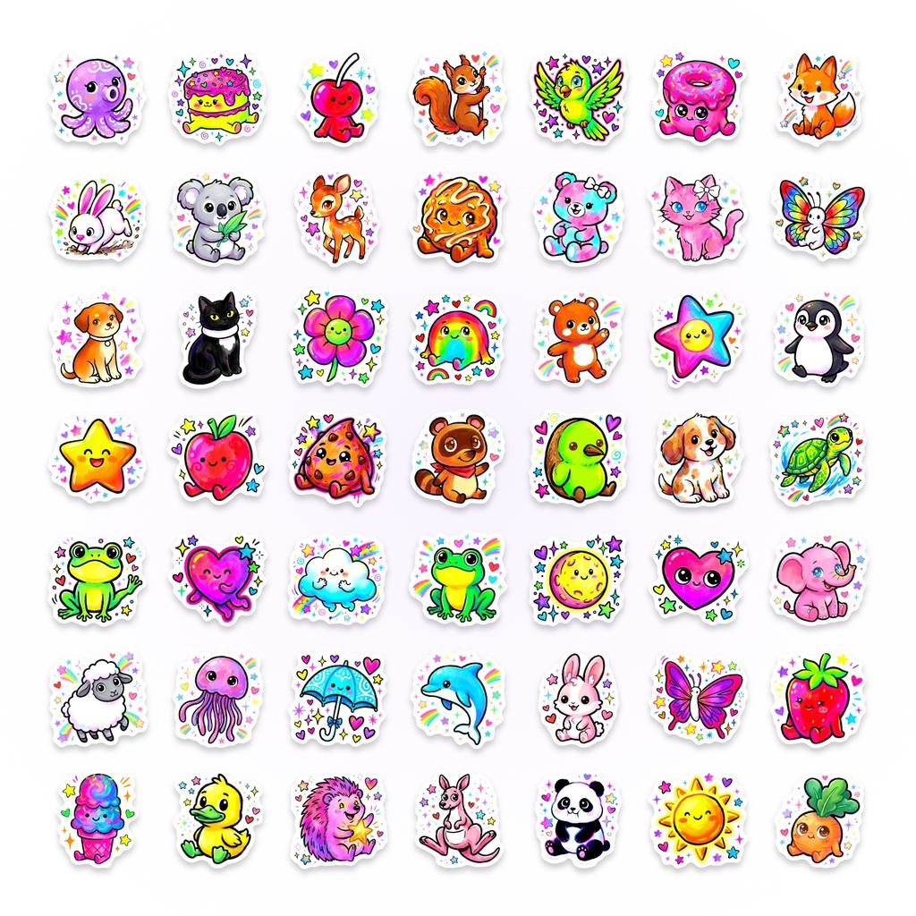 50 Cartoon Animal Cute Stickers Cute Shining Food Decorative Stickers Waterproof Stickers Fun Food