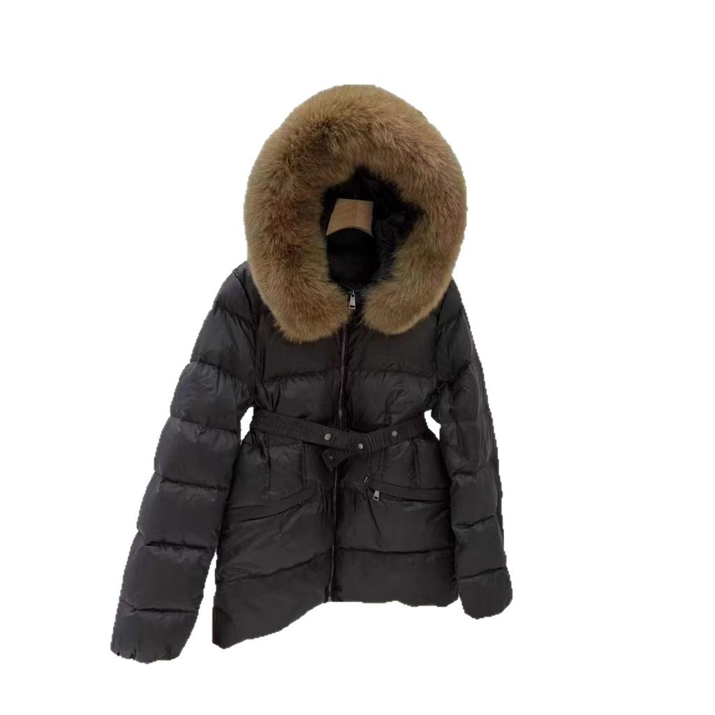 Mengjia belt waist slim fit down jacket women's short fox big fur collar new winter cold protection