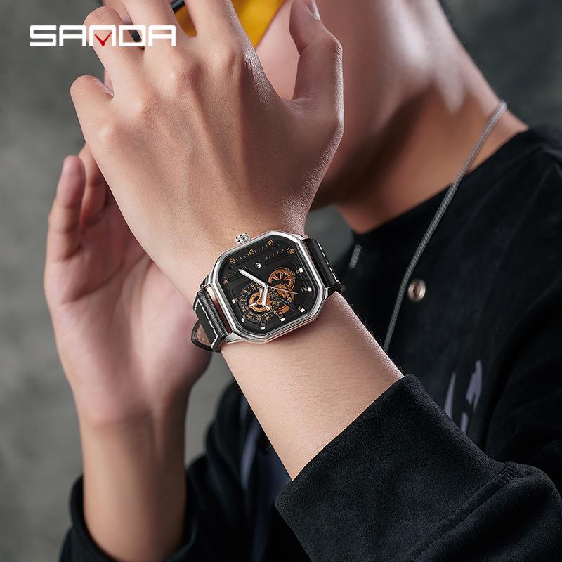 Sanda Men's Alloy Square Watch with Calendar, 30m Waterproof, Leather Strap, Luminous Quartz.