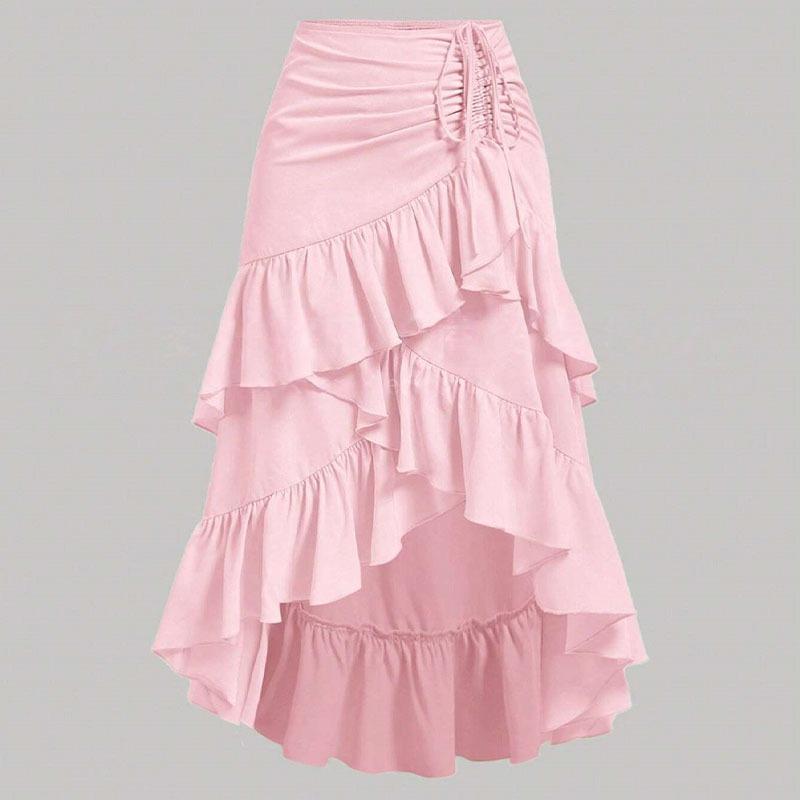 Gonna Lunga Casual da Donna a Strati con Ruffle e Orlo Irregolare, Vita Regolabile