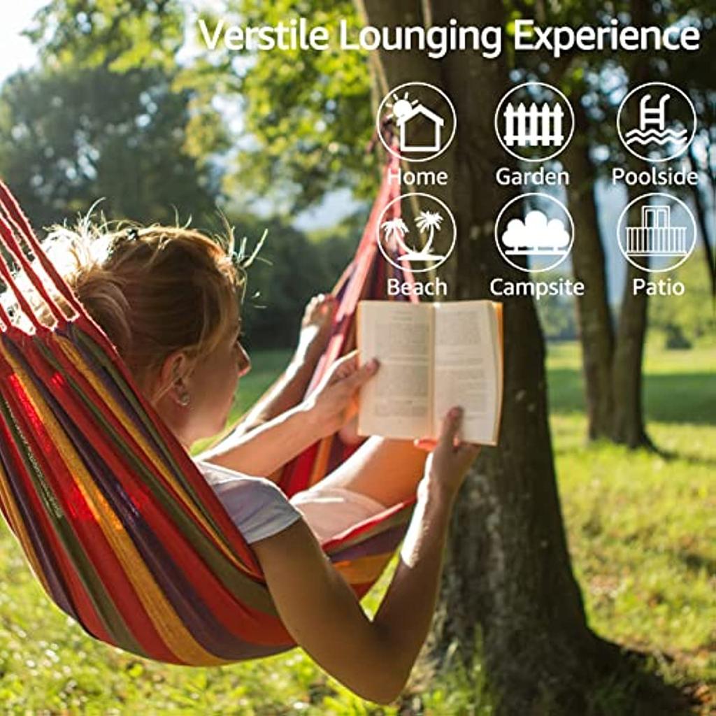 Bawełniany hamak ogrodowy Wygodny hamak materiałowy z paskami na drzewie do zawieszenia Trwały hamak Przenośny hamak o wadze do 450 funtów z torbą podróżną