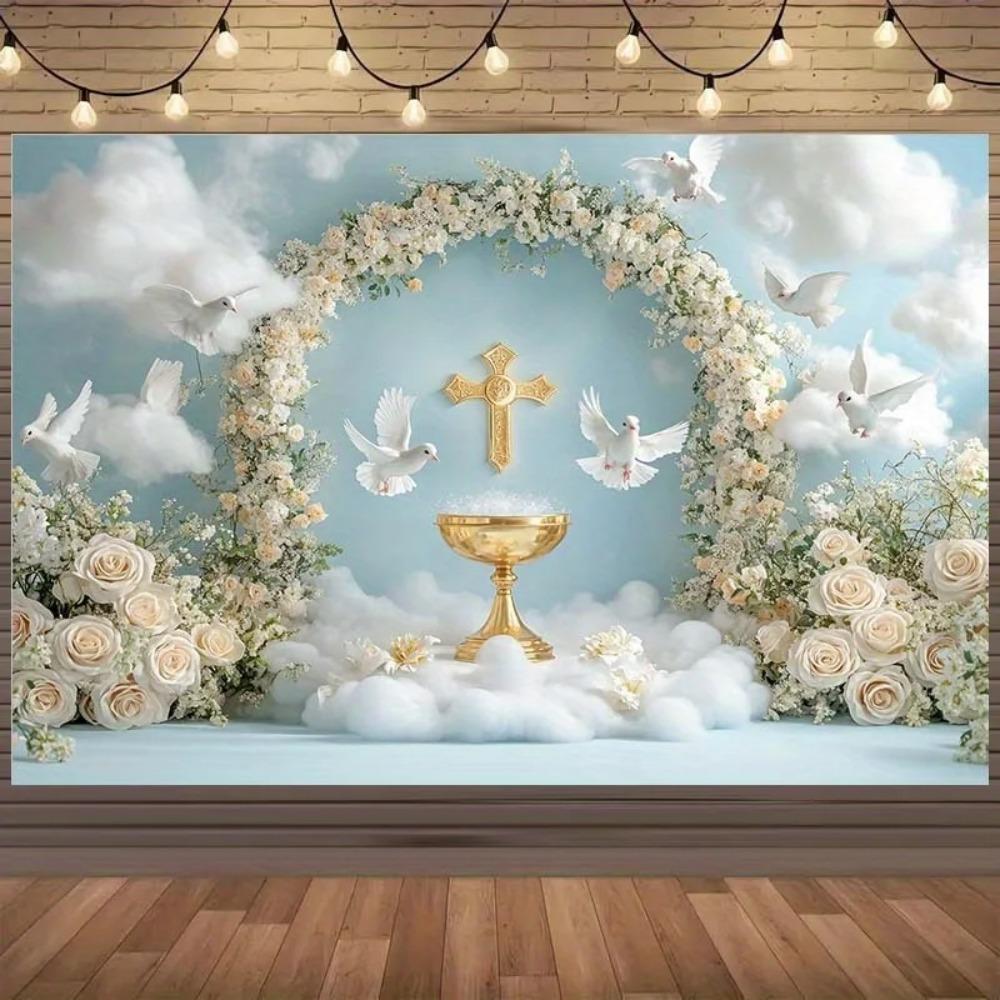 Elegant Religious Golden Holy Grail White Dove Banner Background, Wedding Scene, Birthday Party Decoration Photography Backdrop