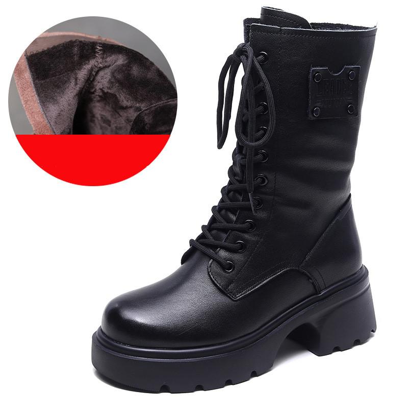 

Johnature Натуральная кожа Сапоги до середины голени Ретро Плюшевые теплые толстые каблуки Круглый носок Женские Сапоги на шнуровке 40 чёрный