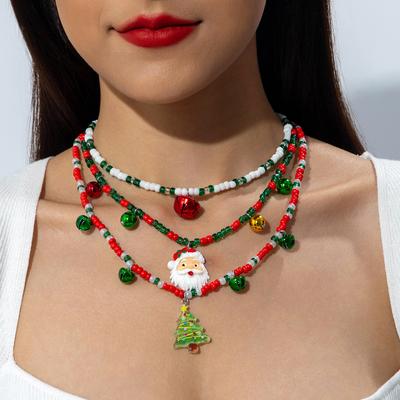 Christmas Element Rice Bead Beaded Necklace, Santa Claus Resin Pendant, Holiday Jewelry Wholesale