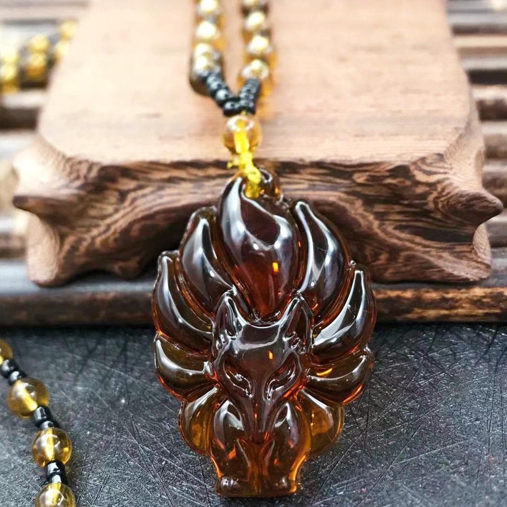 Obsidian Nine-Tailed Fox Pendant Necklace for Men and Women
