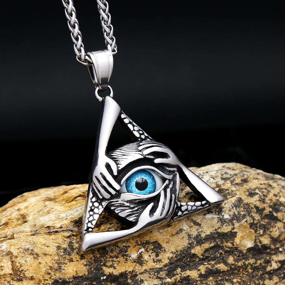 Men's Hip-Hop Stainless Steel Evil Eye & Hand Triangle Pendant Necklace