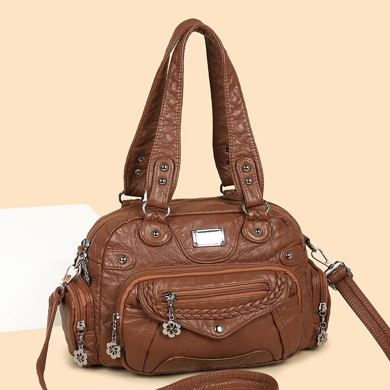 2026 Luxury Designer Multi-layered Washing Leather Women Tote Bag Retro Solid Color Shoulder Crossbody Bags Brand Female Handbag