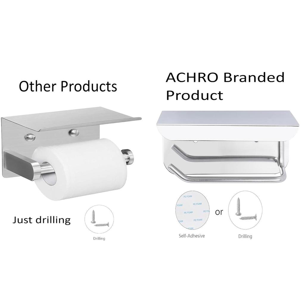 Self Adhesive and Wall Mount Stainless Steel Toilet Paper Holder with Mobile Stand, Wall Mounted Tissue Paper Holder with Shelf