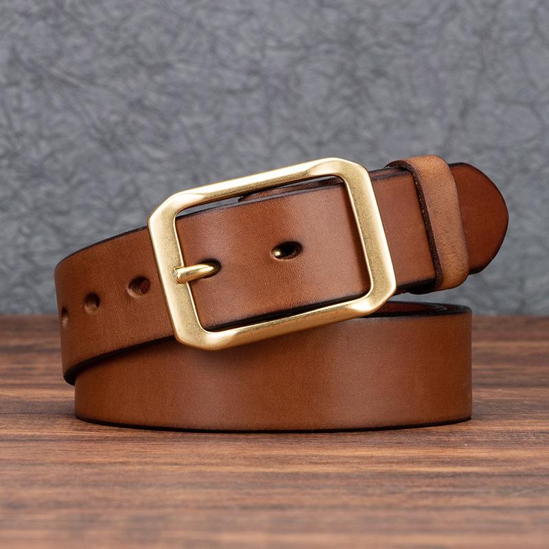 Belt Men's Leather Pin Buckle Pure Cowhide Copper Buckle Vintage Distressed Workwear Belt Soft and Durable Pure Cowhide Trouser Belt