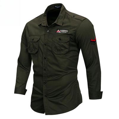 Neues Militärhemd für Herren aus 100 % Baumwolle, Langarm, lässiges Hemd, Cargo-Arbeitshemden mit Stickerei