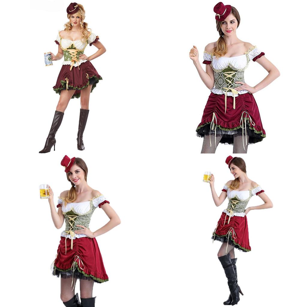 Oktoberfest Bavarian Dirndl Beer Wench Cosplay Costume With Puff Sleeves