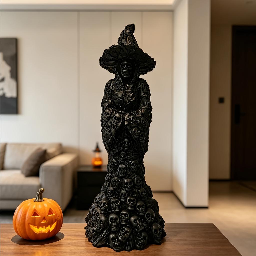 Dark Gothic Skull & Witch Resin Statue for Halloween Decor, Tattoo Shops, and Horror Collectibles