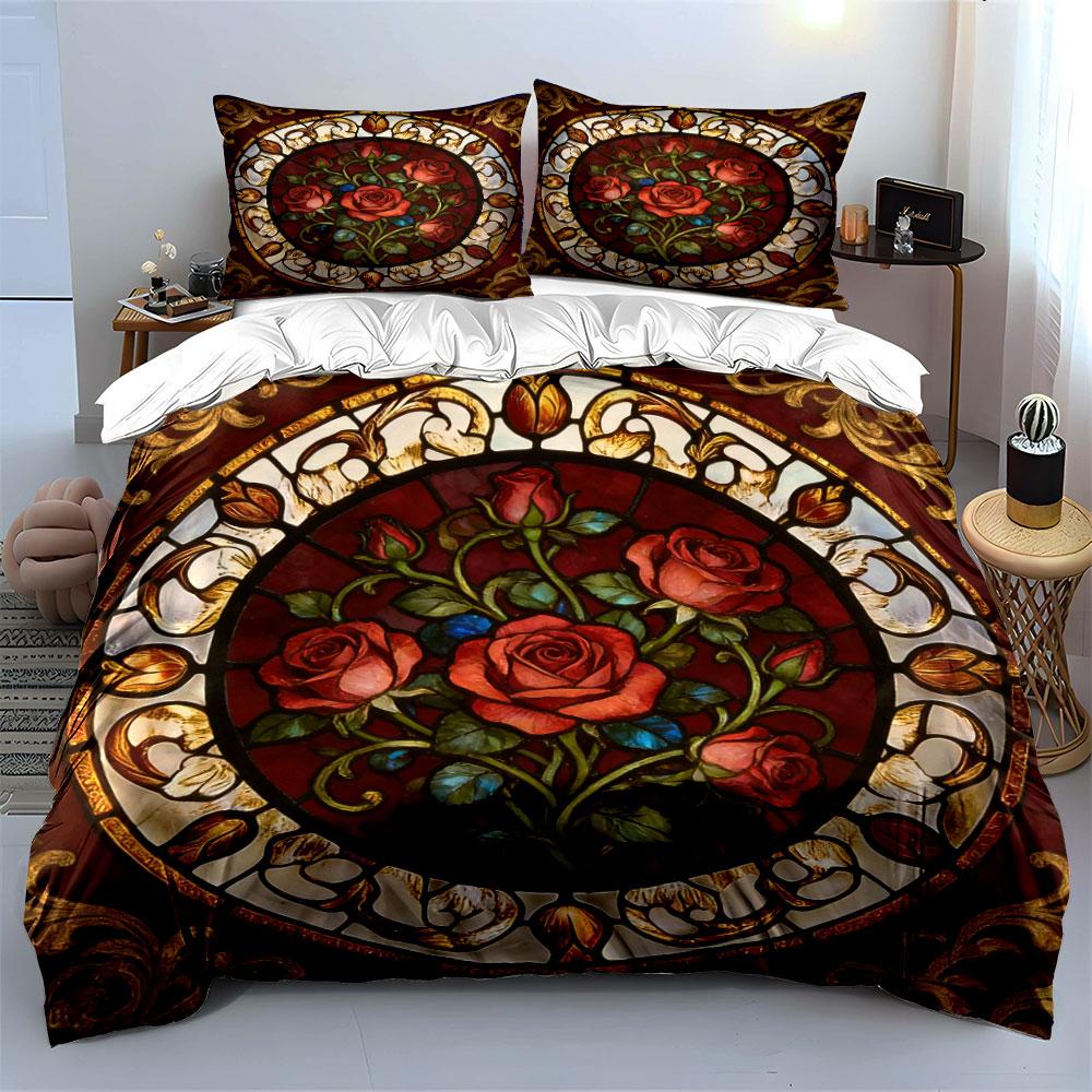 Vintage Rose Pattern Art Set Soft Comfortable Duvet Cover Bedding Set Included 1*Duvet Cover & 2*Pillowcases, Gift