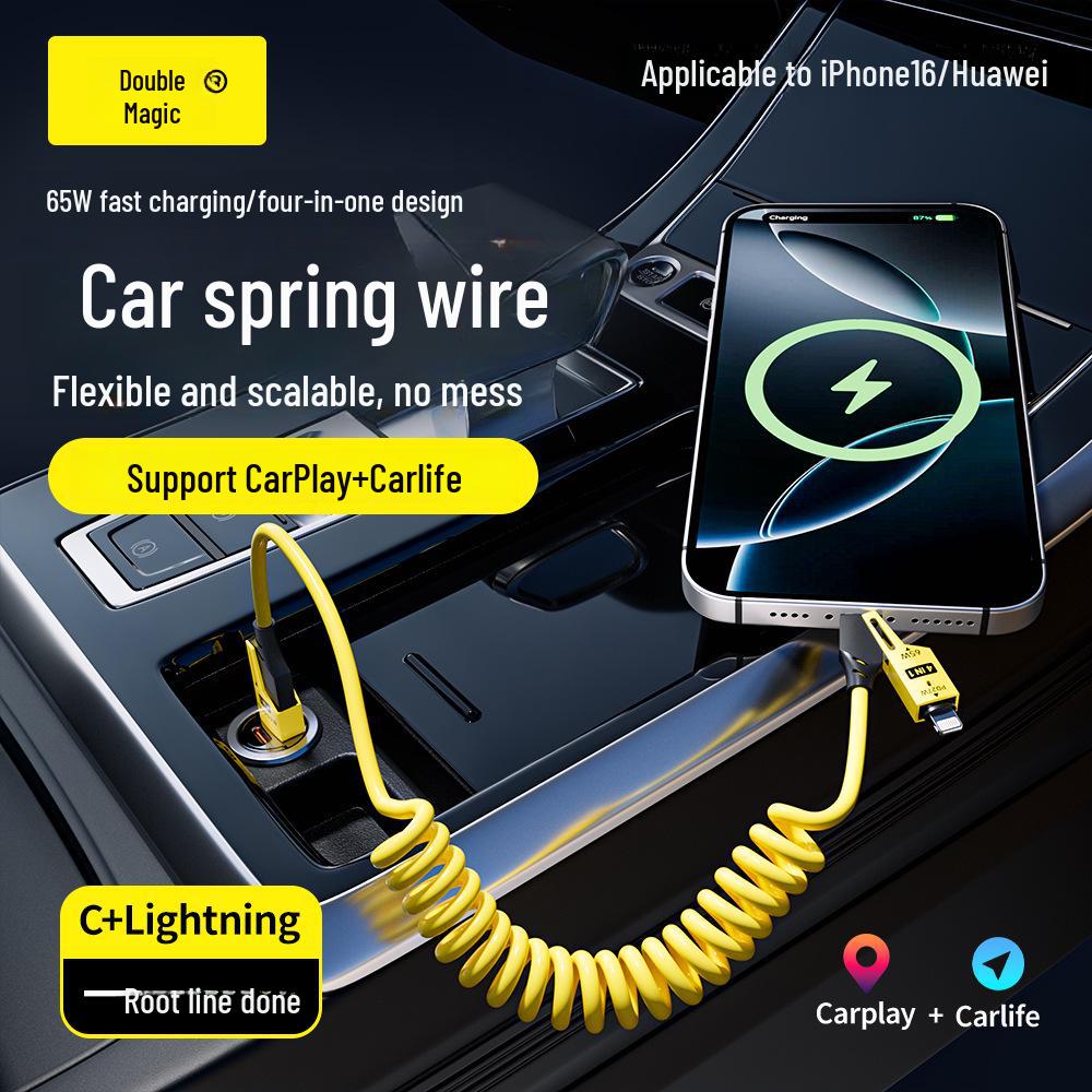 Double Magic Spring Telescopic 4-in-1 Cable: 65W/27W for iPhone 16 & Huawei